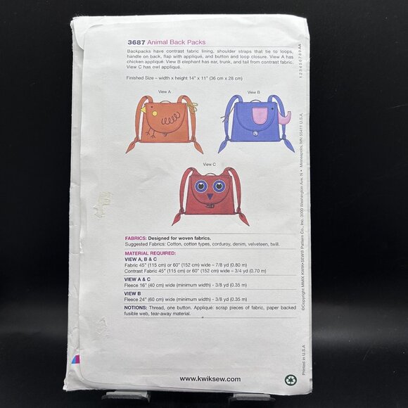 Kwik Sew 3687 “Animal Back Packs” (14” x 11”) Sewing Pattern Uncut FF - Picture 2 of 5